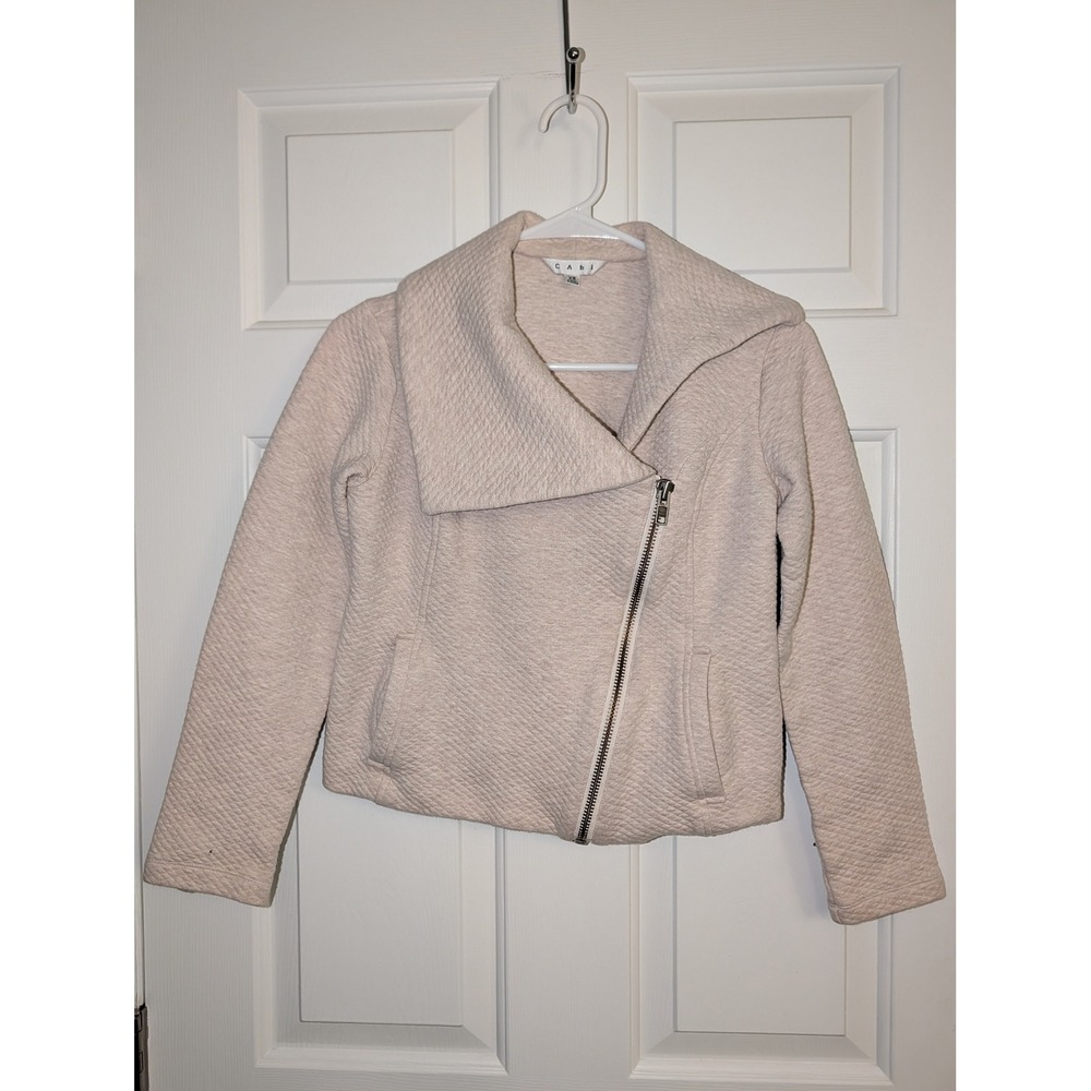 CAbi Ryder Moto Jacket XS Oatmeal Cream Quilted Asymmetrical Zip Cropped